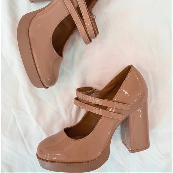 Nude Patent Dual Strap Mary Jane Platform Chunky Pumps - Picture 5 of 9